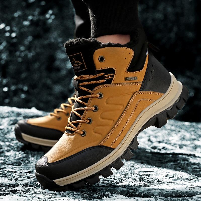 Men's waterproof leather winter hiking boots with plush lining and anti-slip rubber soles