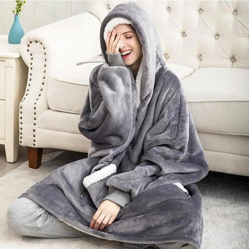 Oversized wearable sherpa-lined blanket hoodie for cozy home lounging