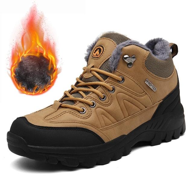 Men's waterproof leather winter snow boots with warm fur lining and non-slip rubber tread soles