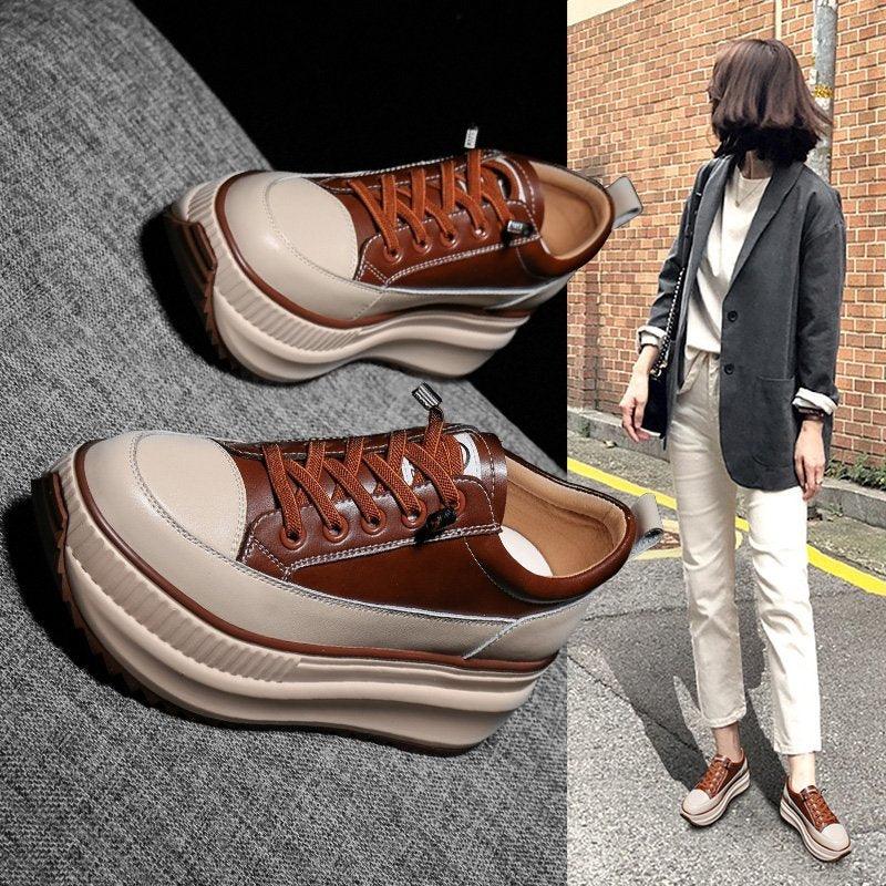 Women's High Platform Leather Sneakers 7CM Thick Sole Walking Shoes