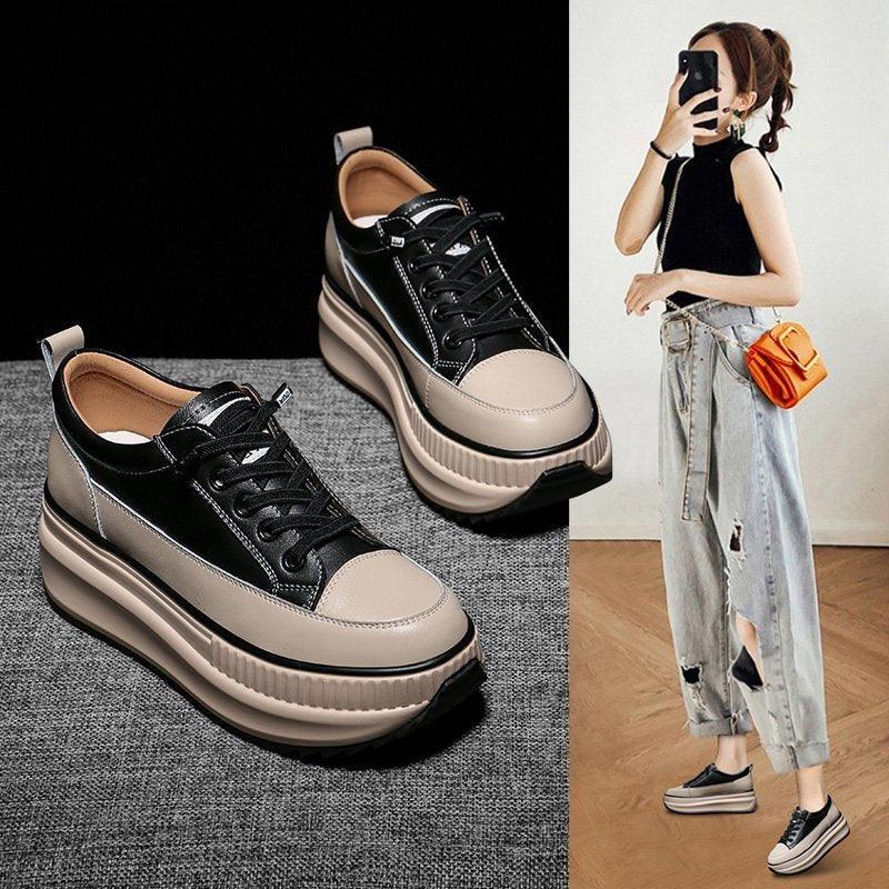 Women's High Platform Leather Sneakers 7CM Thick Sole Walking Shoes