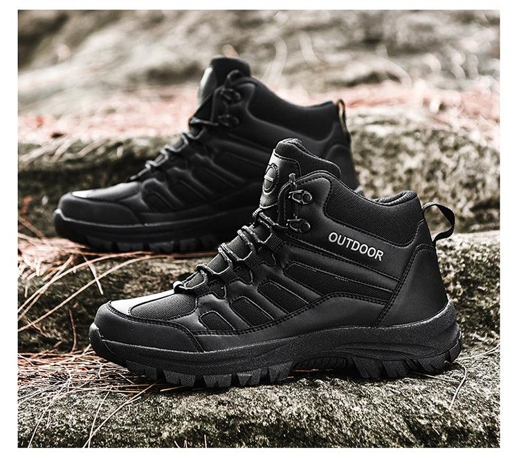 Men's water-resistant hiking ankle boots in black and tan for outdoor camping and work