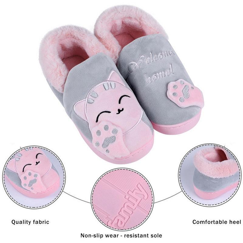 Plush Lucky Cat Winter Slippers, Non-Slip Indoor Warm House Shoes