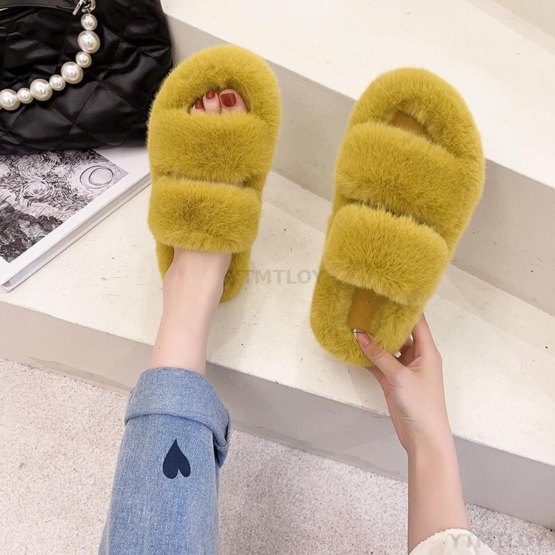 Women’s Faux Fur Cross Band Open Toe Cozy House Slippers