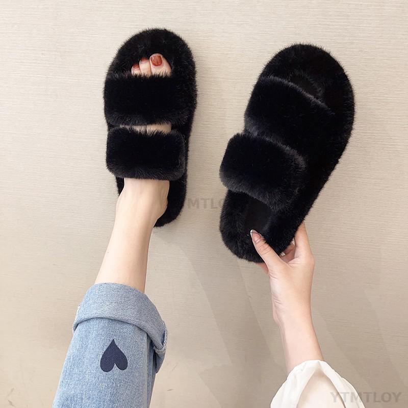 Women’s Faux Fur Cross Band Open Toe Cozy House Slippers