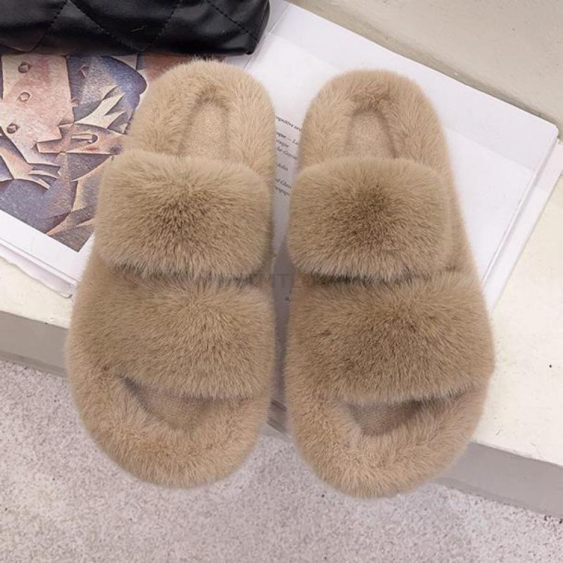 Women’s Faux Fur Cross Band Open Toe Cozy House Slippers