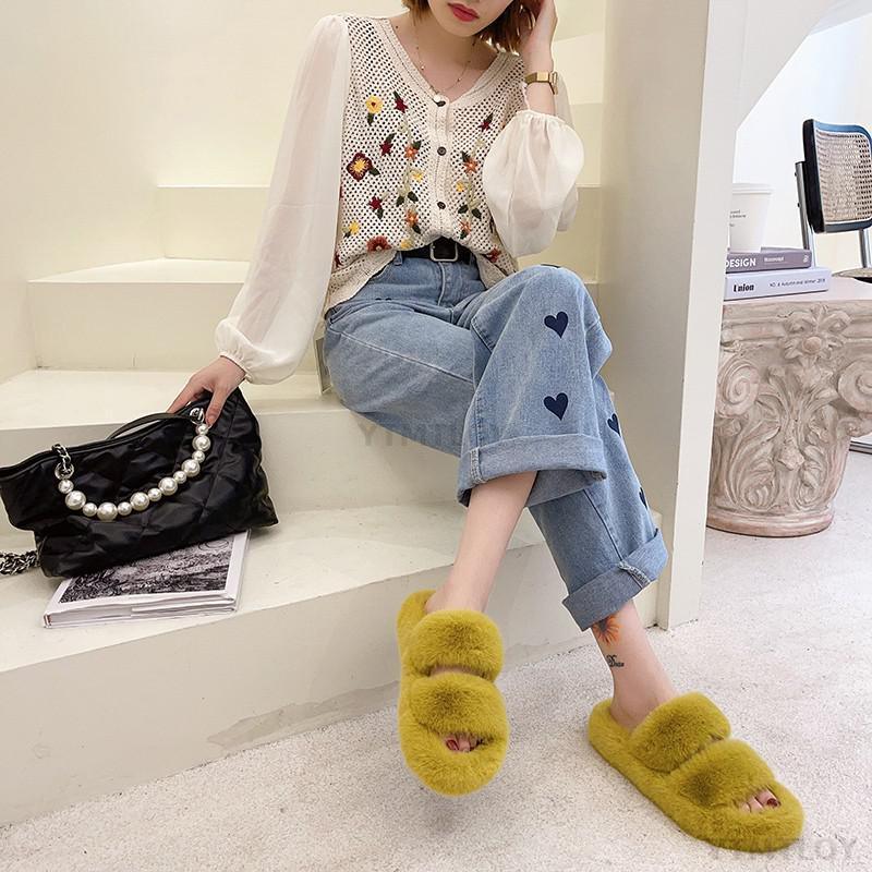 Women’s Faux Fur Cross Band Open Toe Cozy House Slippers