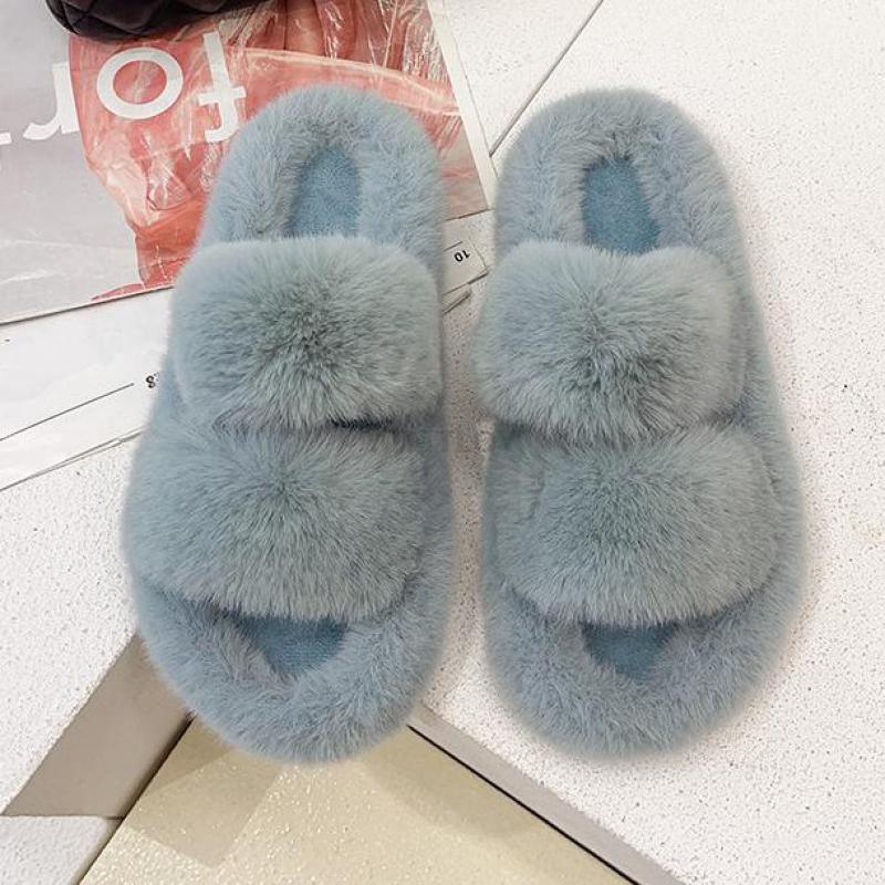 Women’s Faux Fur Cross Band Open Toe Cozy House Slippers