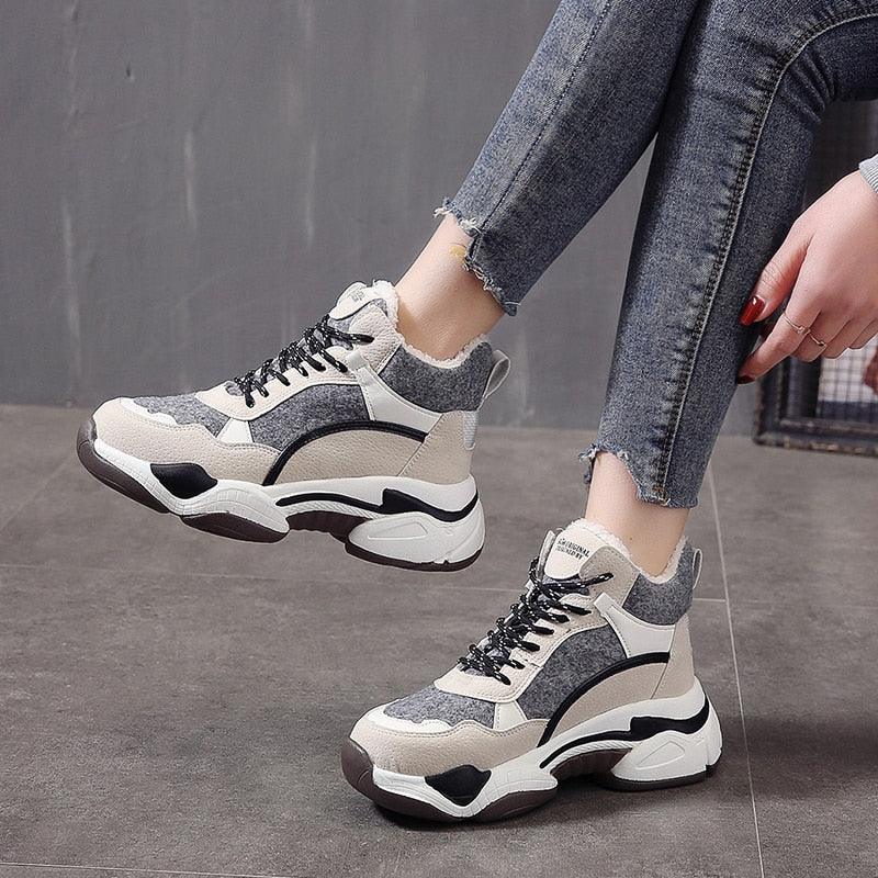 Women’s Fur Lined Winter Sneakers - Warm Anti-Slip Casual Shoes