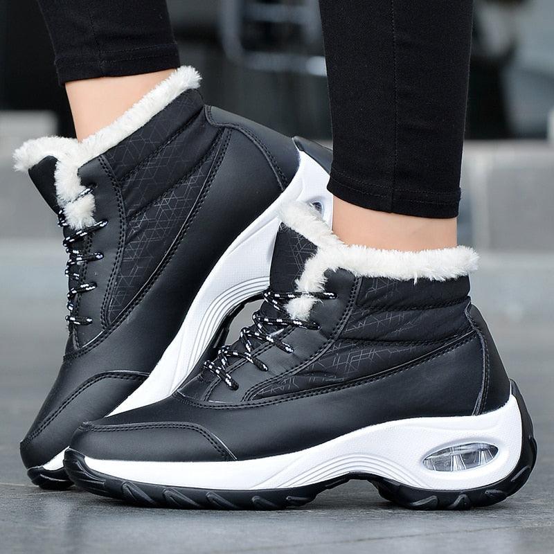 Women's sporty fur-lined winter sneakers available in black, white, and navy.