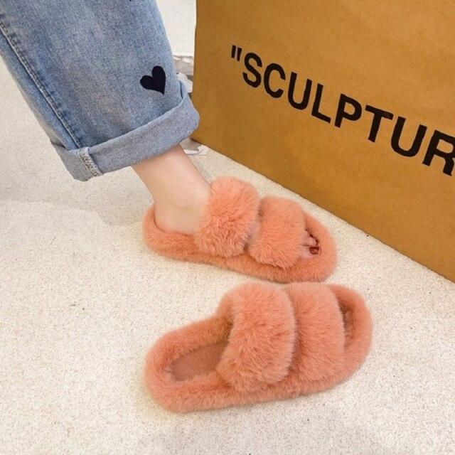 Women’s Faux Fur Open Toe Slippers with Fleece Lining & Rubber Sole