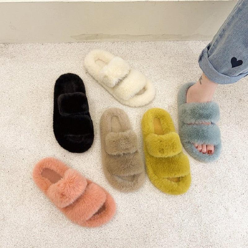 Women’s Faux Fur Open Toe Slippers with Fleece Lining & Rubber Sole
