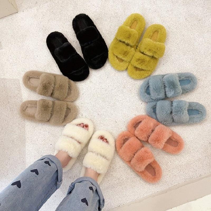 Women’s Faux Fur Open Toe Slippers with Fleece Lining & Rubber Sole