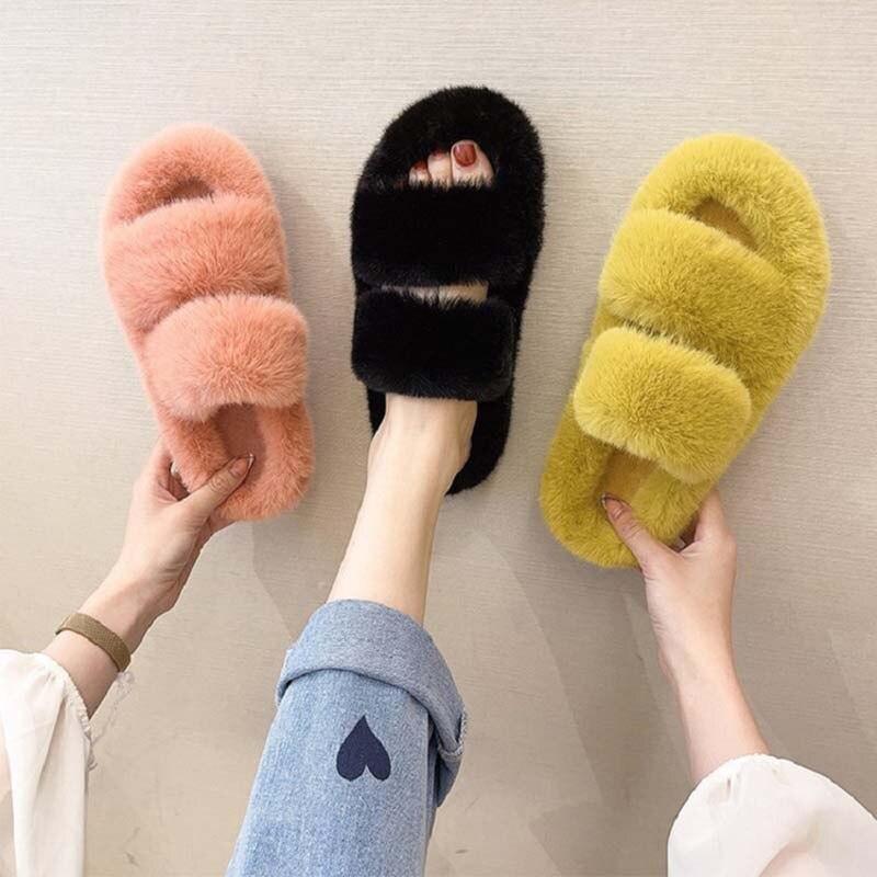 Women's open-toe two-band faux fur slippers with thick rubber soles and fleece lining