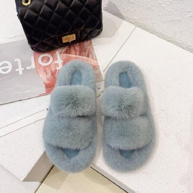Women’s Faux Fur Open Toe Slippers with Fleece Lining & Rubber Sole