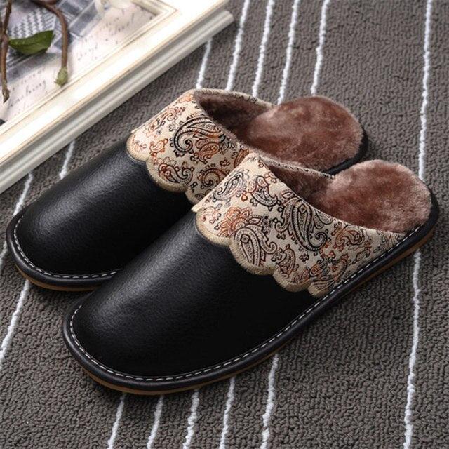 Unisex Leather Thermal House Slippers with Faux Fur Lining