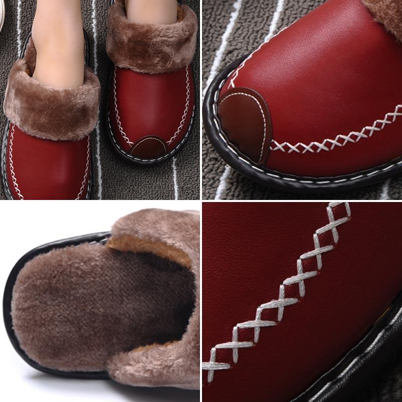 Unisex Leather Thermal House Slippers with Faux Fur Lining