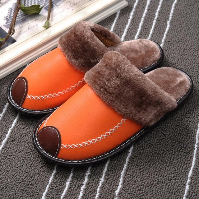 Unisex Leather Thermal House Slippers with Faux Fur Lining