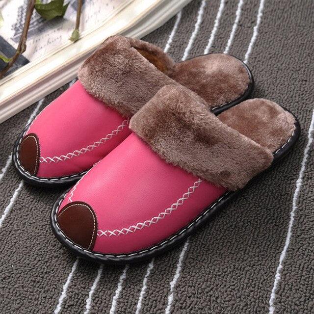 Unisex Leather Thermal House Slippers with Faux Fur Lining