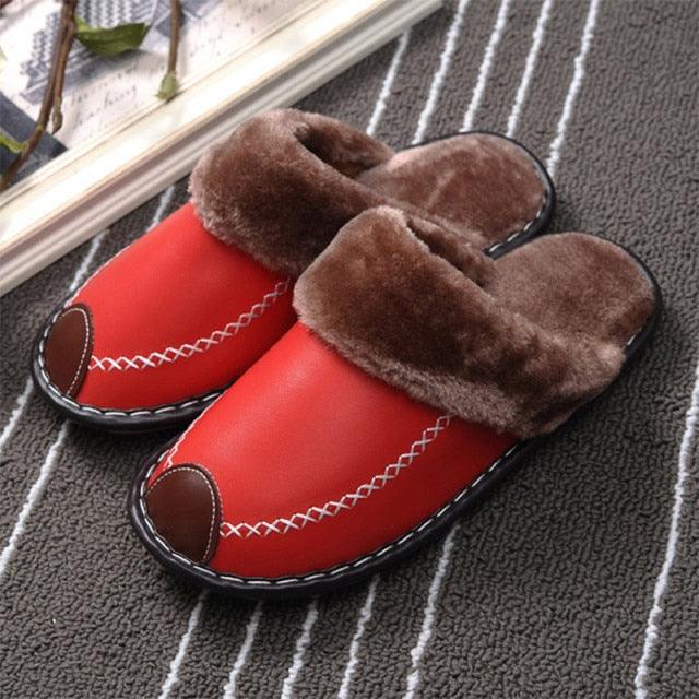 Unisex Leather Thermal House Slippers with Faux Fur Lining