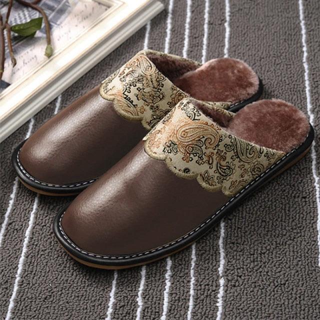 Unisex Leather Thermal House Slippers with Faux Fur Lining