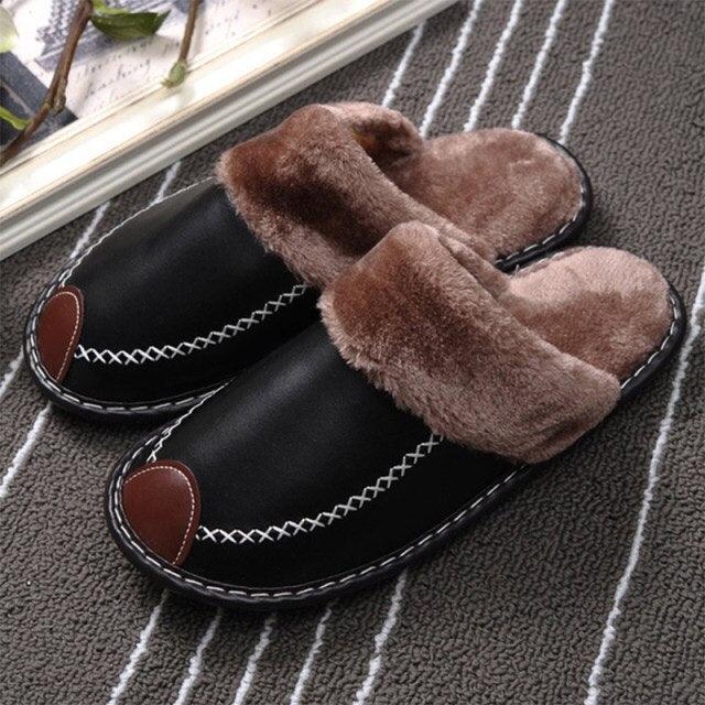 Unisex Leather Thermal House Slippers with Faux Fur Lining