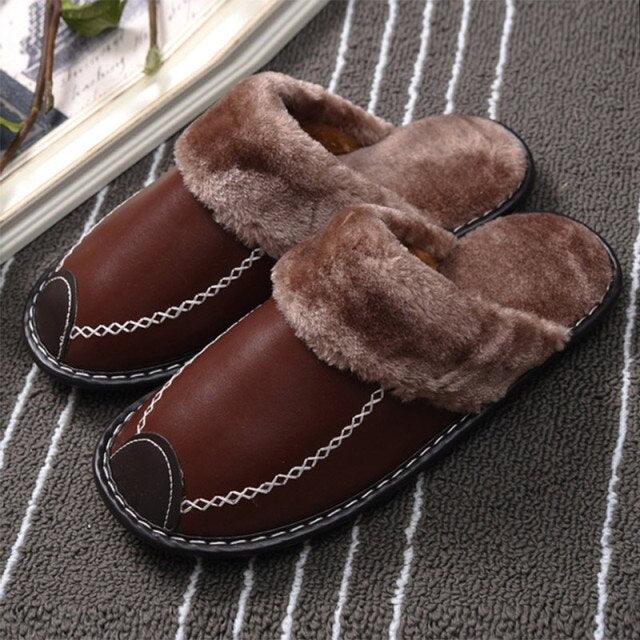 Unisex Leather Thermal House Slippers with Faux Fur Lining
