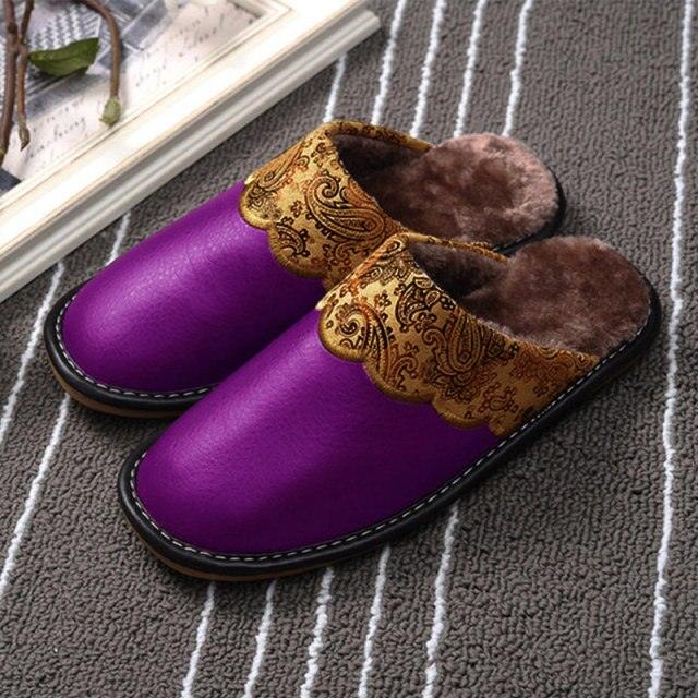 Unisex Leather Thermal House Slippers with Faux Fur Lining