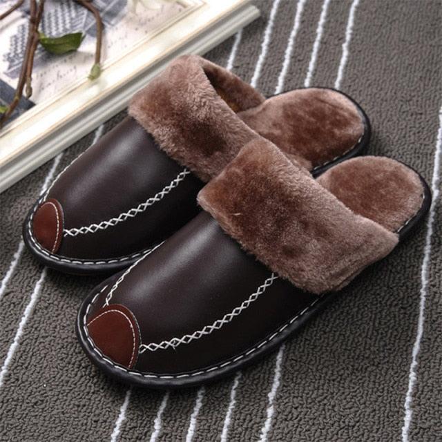 Unisex Leather Thermal House Slippers with Faux Fur Lining