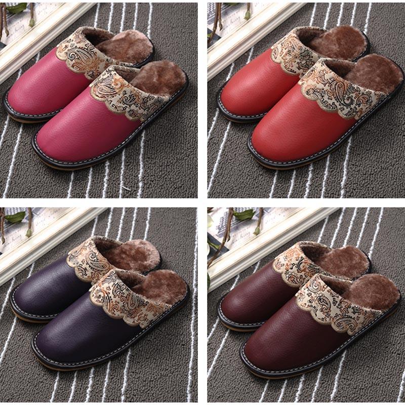 Unisex Leather Thermal House Slippers with Faux Fur Lining