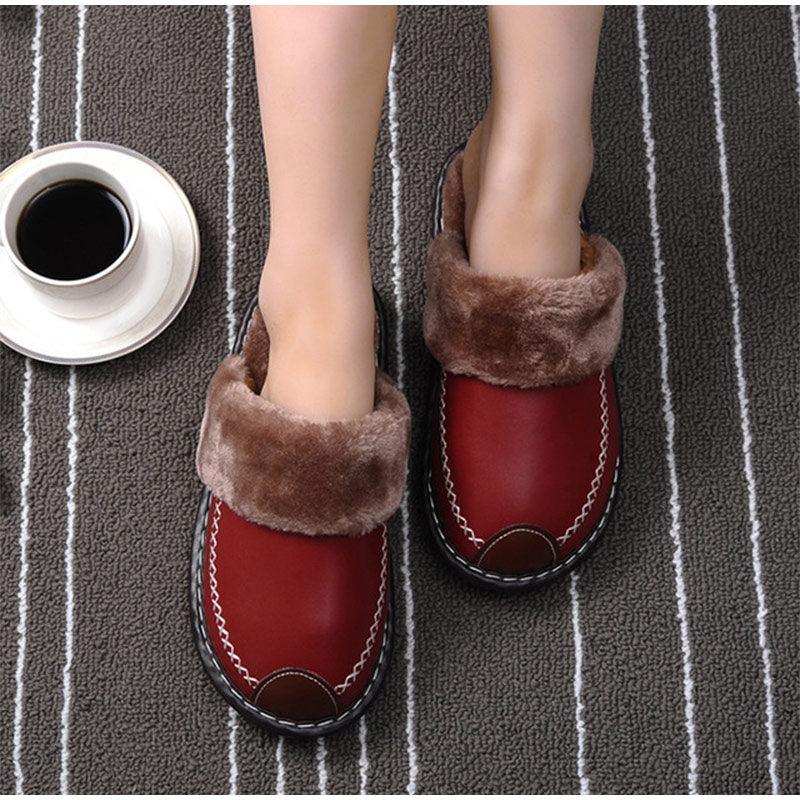 Unisex Leather Thermal House Slippers with Faux Fur Lining