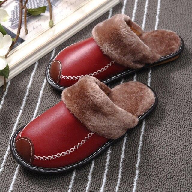 Unisex Leather Thermal House Slippers with Faux Fur Lining
