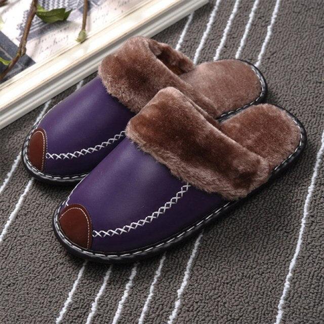 Unisex Leather Thermal House Slippers with Faux Fur Lining
