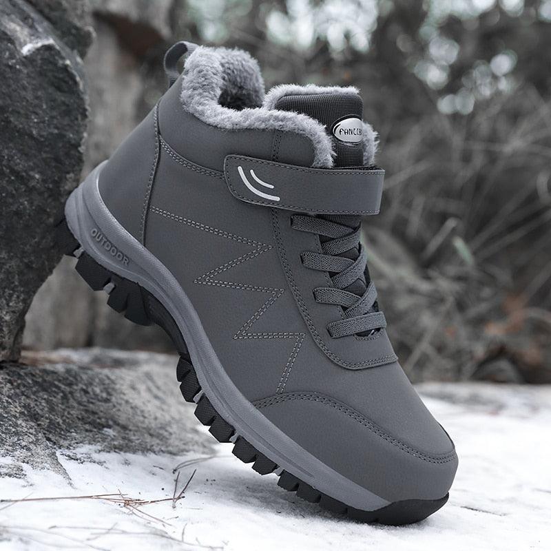 Unisex waterproof leather winter hiking boots with plush lining and lace-up design