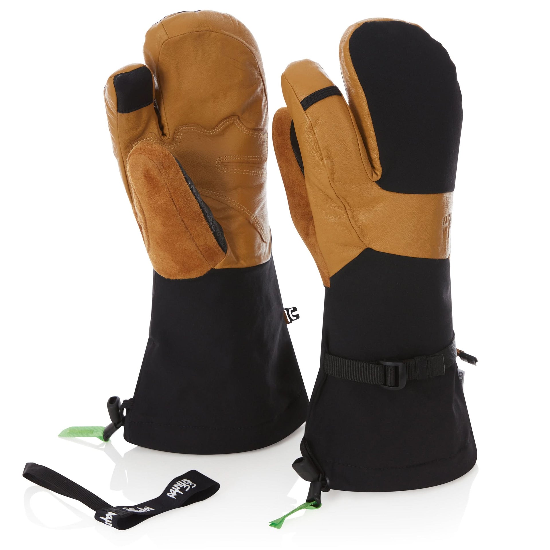 Technical three-finger waterproof leather ski gloves in black and tan with H-Dry technology.
