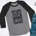 Grey and black triblend 3/4 sleeve raglan tee with the text Happy & Merry Gingerbread Cookies Snowmen Hot Cocoa Sleigh Rides