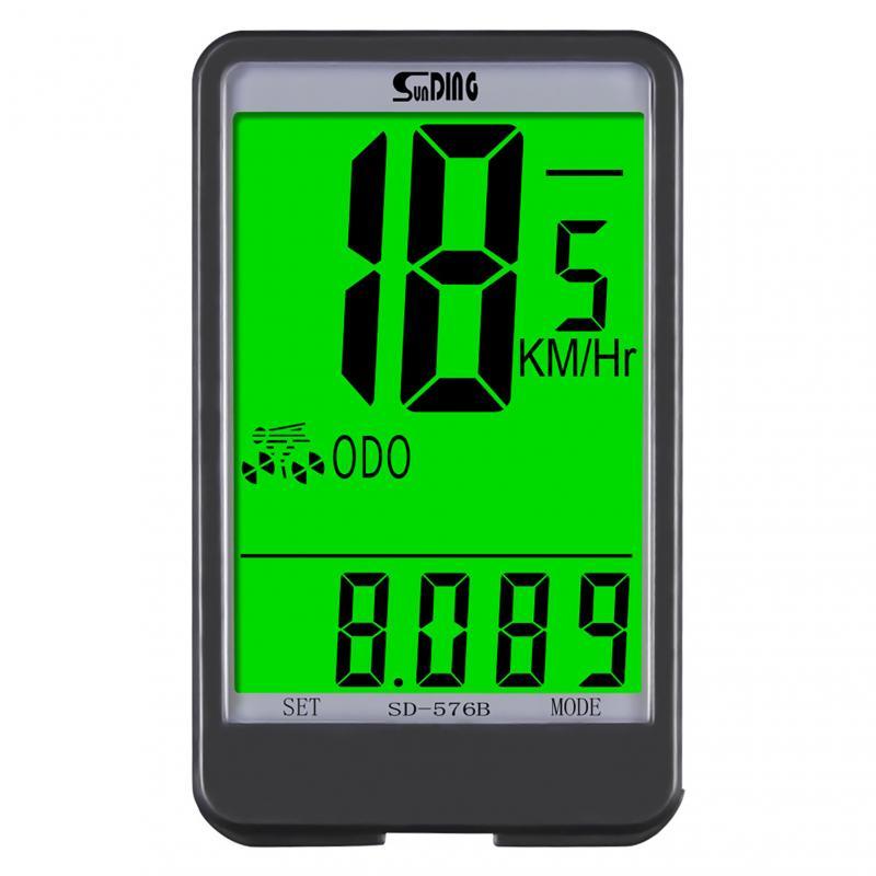 Waterproof bicycle computer with LED backlight and clear LCD display mounted on a bike handlebar.