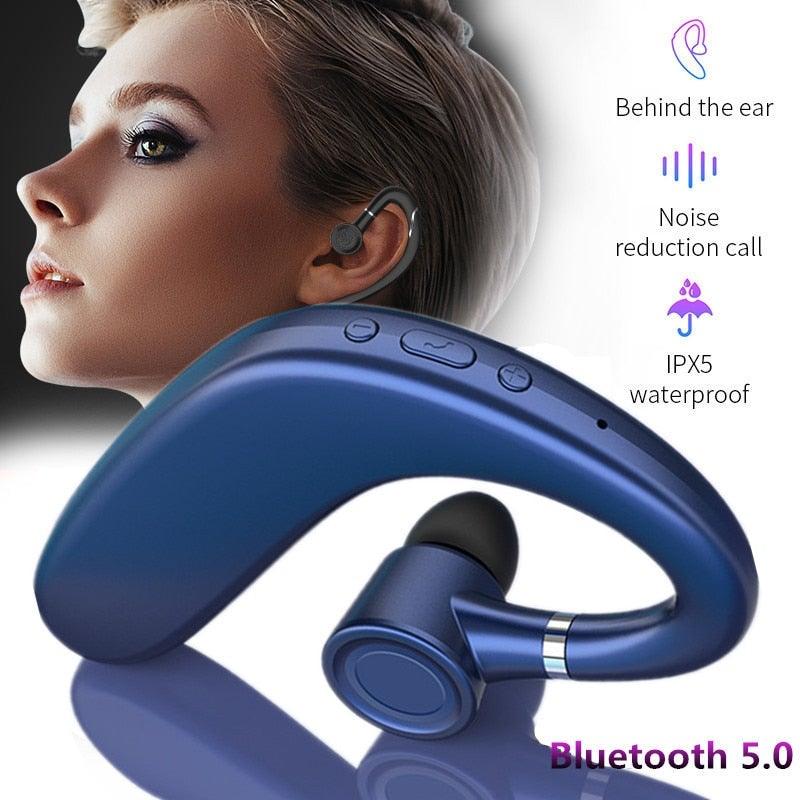 Blue wireless earhook headphone with ergonomic design and noise reduction
