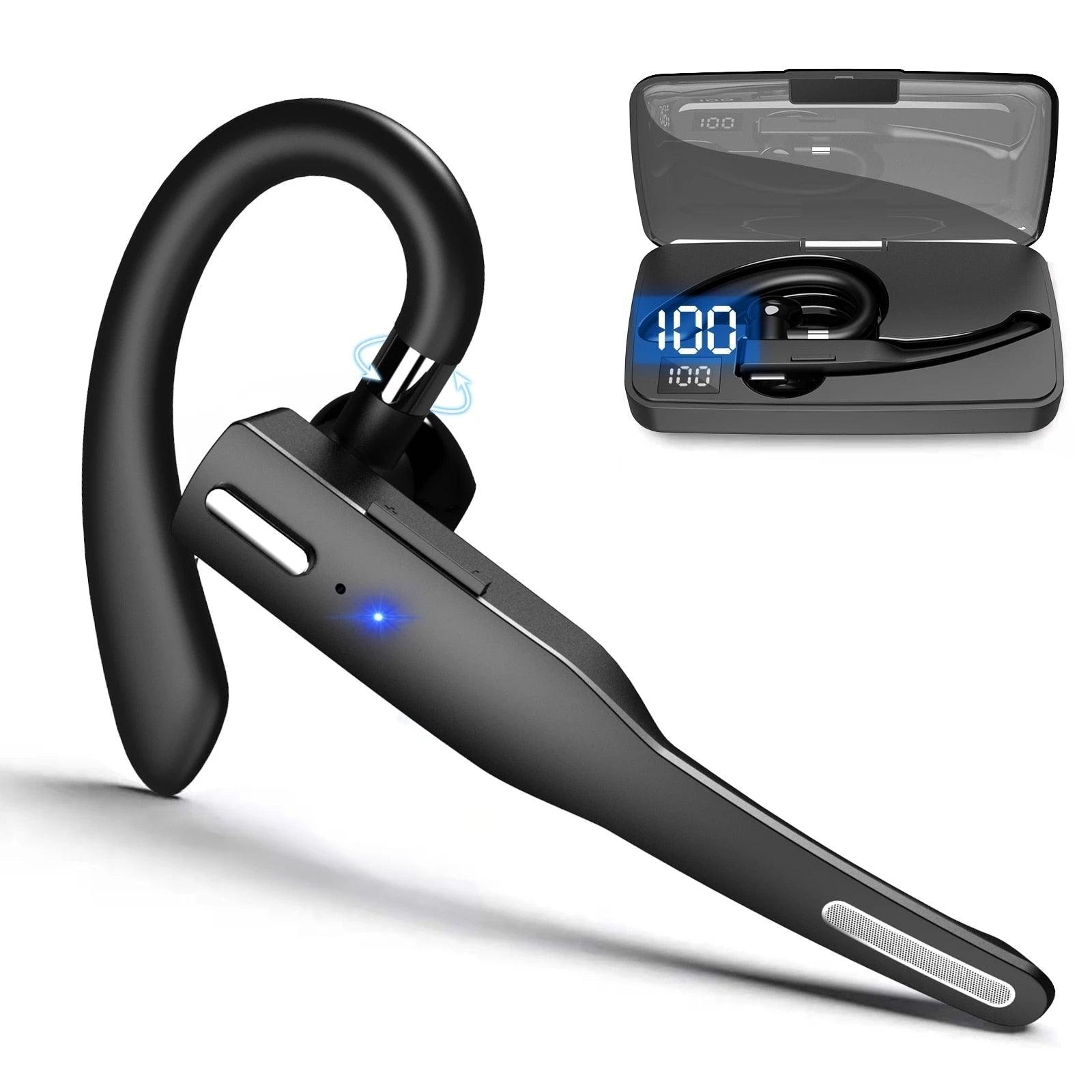 Sleek black wireless Bluetooth business earphone with LED charging case on a white background.