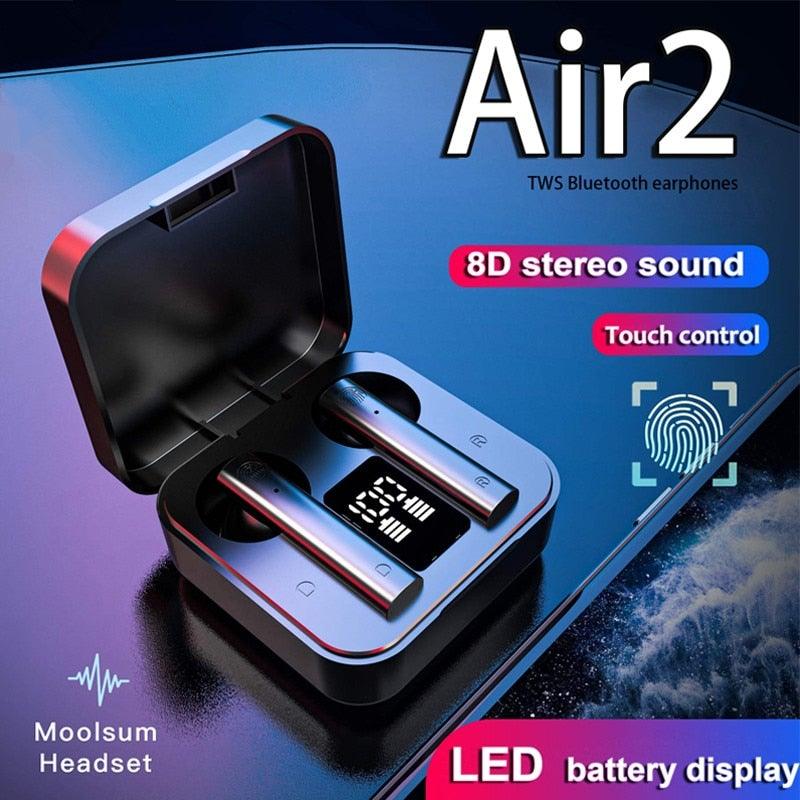 Wireless sports earbuds with LED display charging case.