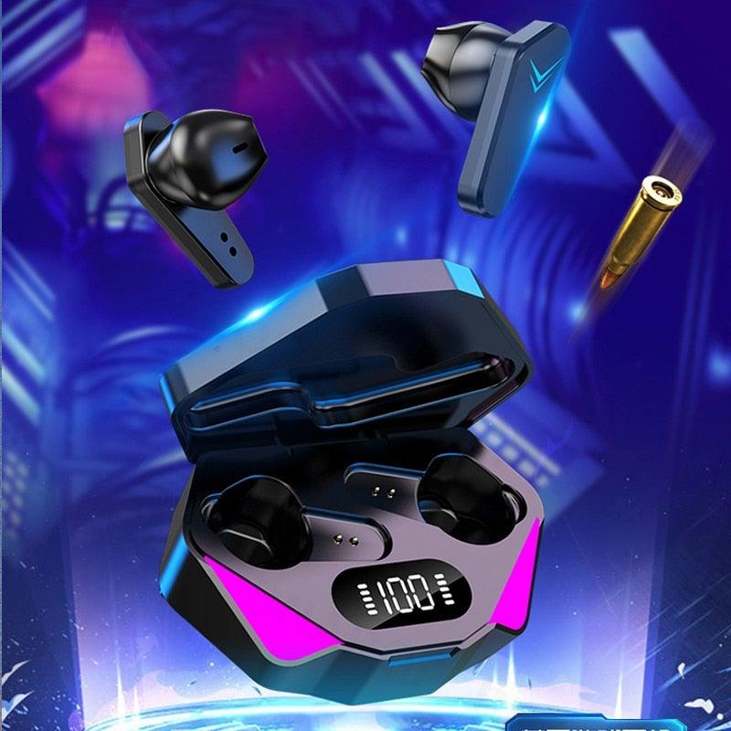 Wireless gaming earbuds with noise reduction and ergonomic design in black.