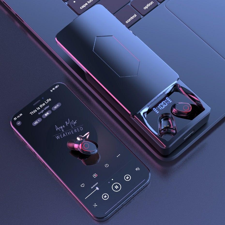 Sleek black wireless earbuds with charging case and LED display on a modern background