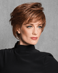 Wispy Cut HF Synthetic Wig in Medium Brown Gold R115 styled on a mannequin
