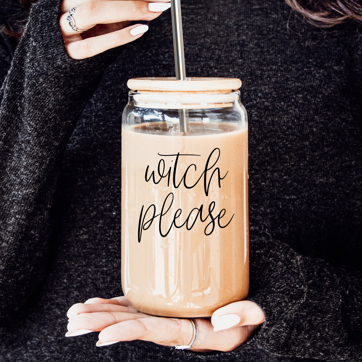 Witch Please Glass Cup with Bamboo Lid and Straw Set 17oz - Image 2