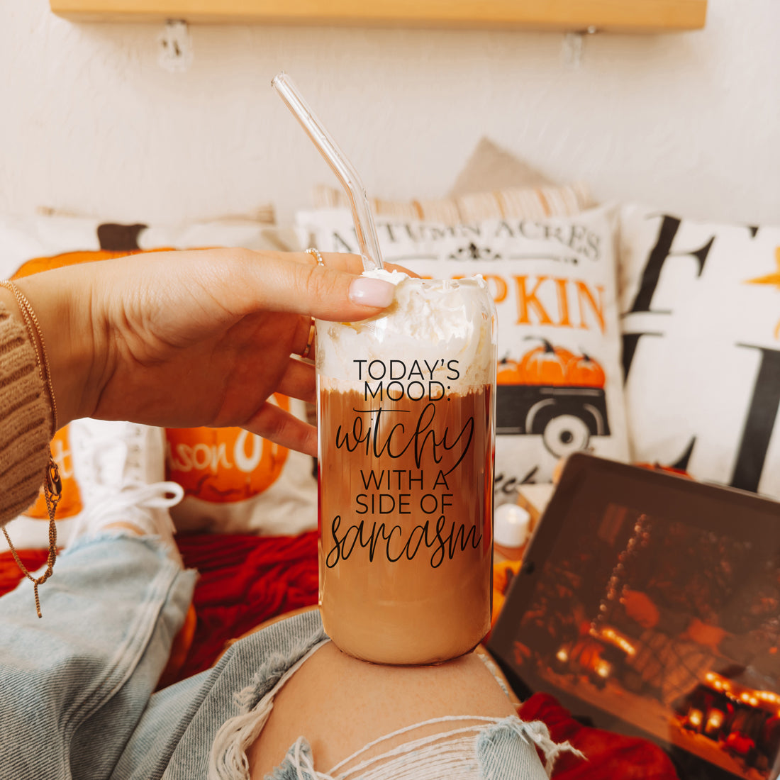 Witchy With a Side of Sarcasm 20oz Glass Tumbler with Lid - Image 38