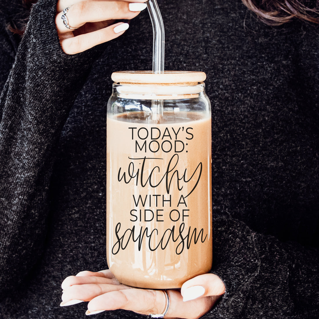 Witchy With a Side of Sarcasm 20oz Glass Tumbler with Lid - Image 28