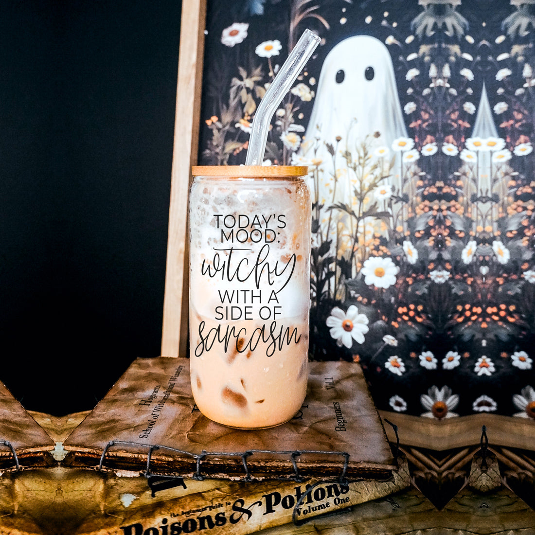 Witchy With a Side of Sarcasm 20oz Glass Tumbler with Lid - Image 36