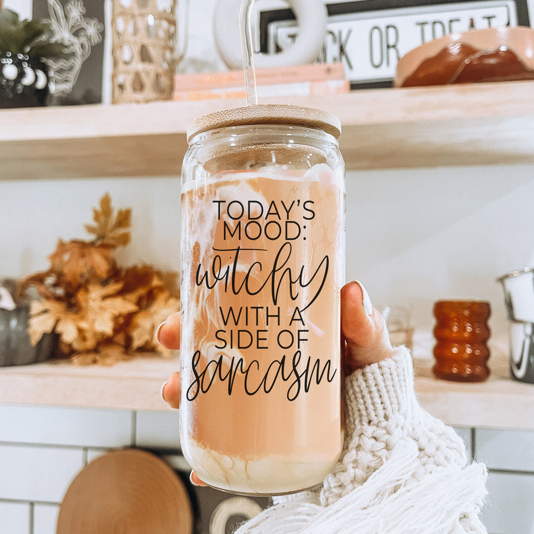 Witchy With a Side of Sarcasm 20oz Glass Tumbler with Lid - Image 37