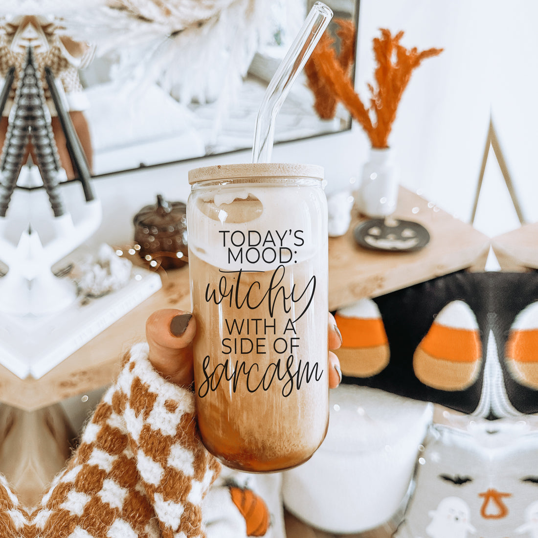 Witchy With a Side of Sarcasm 20oz Glass Tumbler with Lid - Image 9