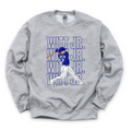 A person wearing a grey athletic heather t-shirt featuring a repetitive blue and white graphic design of a baseball player at bat with the text Witt Jr.